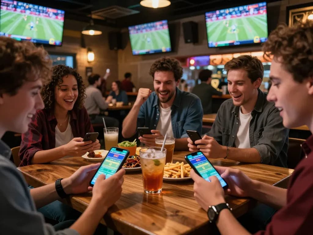 Penggemar melakukan taruhan toto menggunakan perangkat seluler di bar olahraga yang ramai selama malam pertandingan.