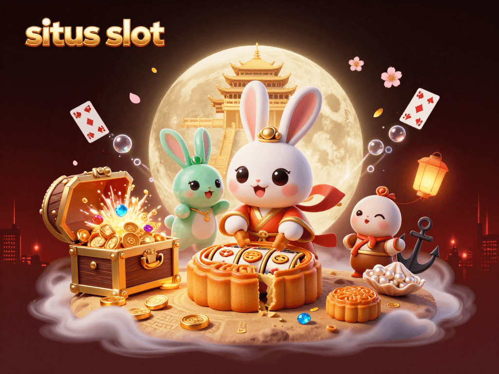 Experience situst slot with a vibrant 3D scene of a moon rabbit revealing slot reels amidst casino-themed elements.