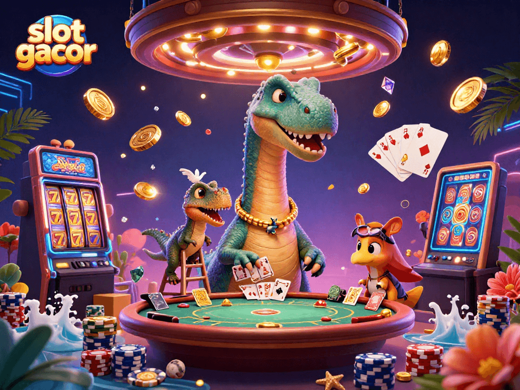 Permainan slot gacor menarik perhatian dengan karakter kartun dinosaurus raksasa di kasino.