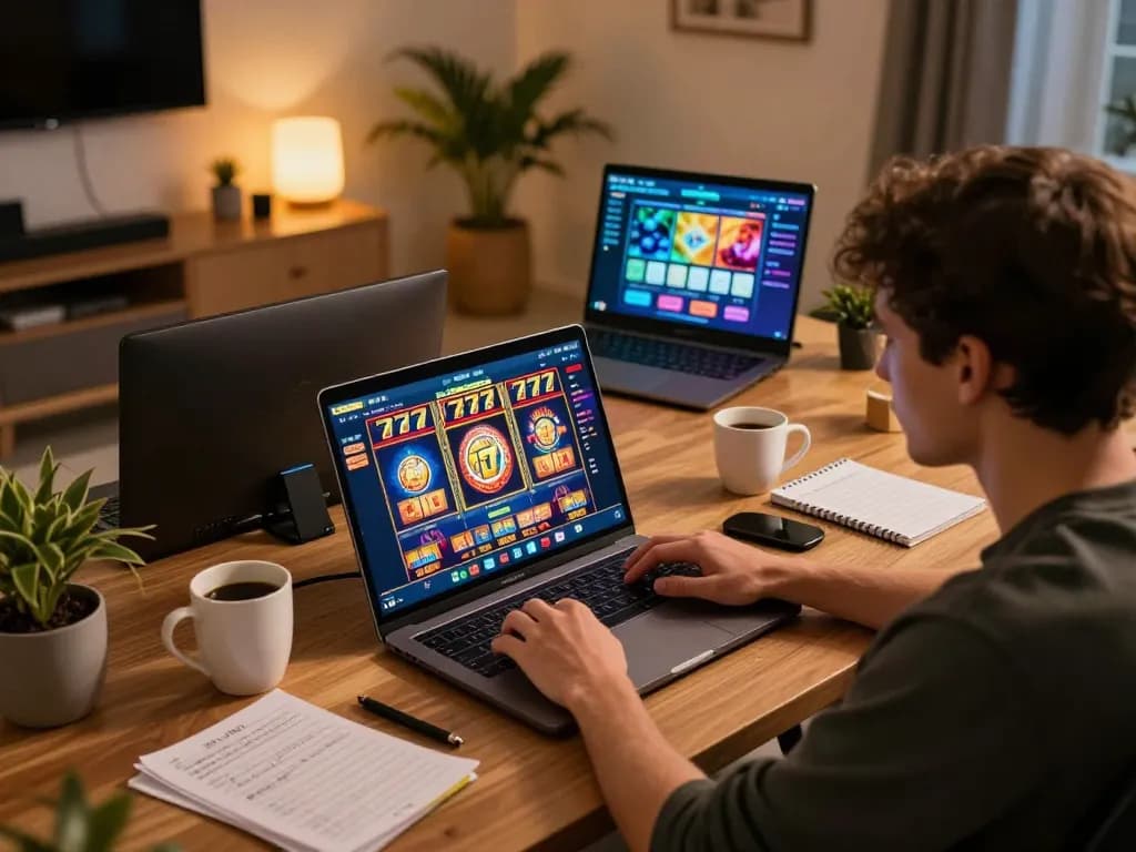 Engaged player enjoying slot777 games on laptop in a cozy home setting with warm ambiance.