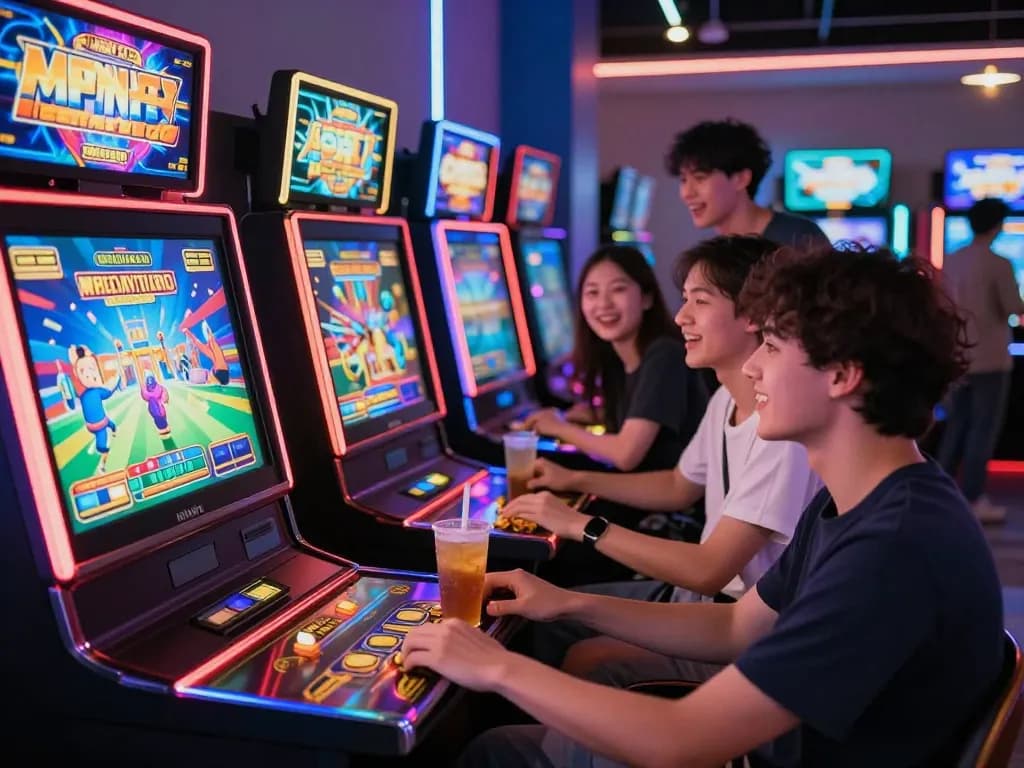 Excited players enjoying their time at the slot game tables, capturing the lively atmosphere.