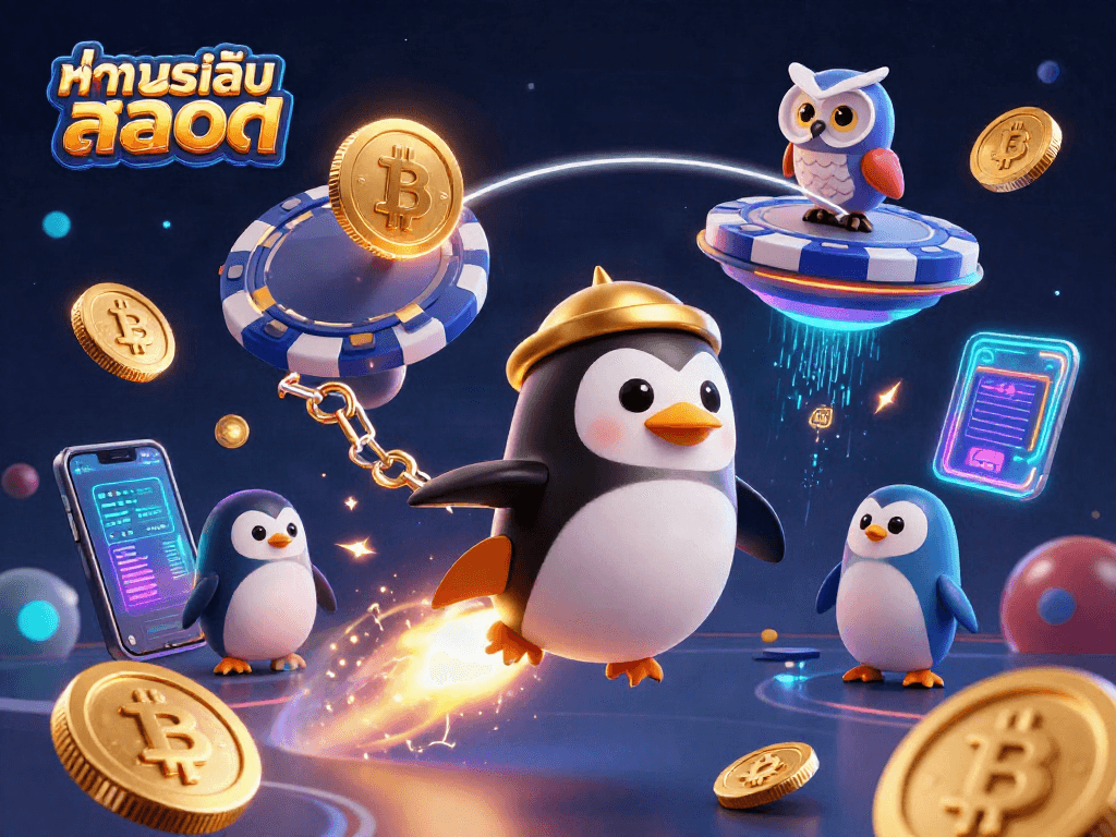 Experience ทดลองเล่นสล็อต with our golden penguin rocket, stunning crypto elements, and casino themes.