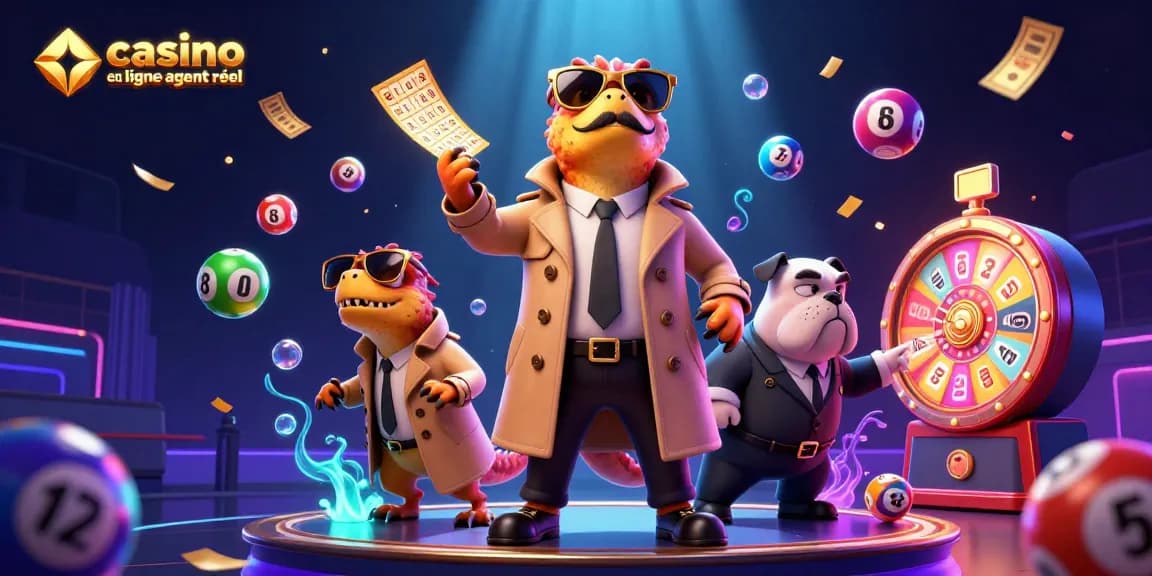 Découvrez un casino en ligne argent réel où des raptors en trench coat tentent d'entrer, entourés de jeux et de couleurs.