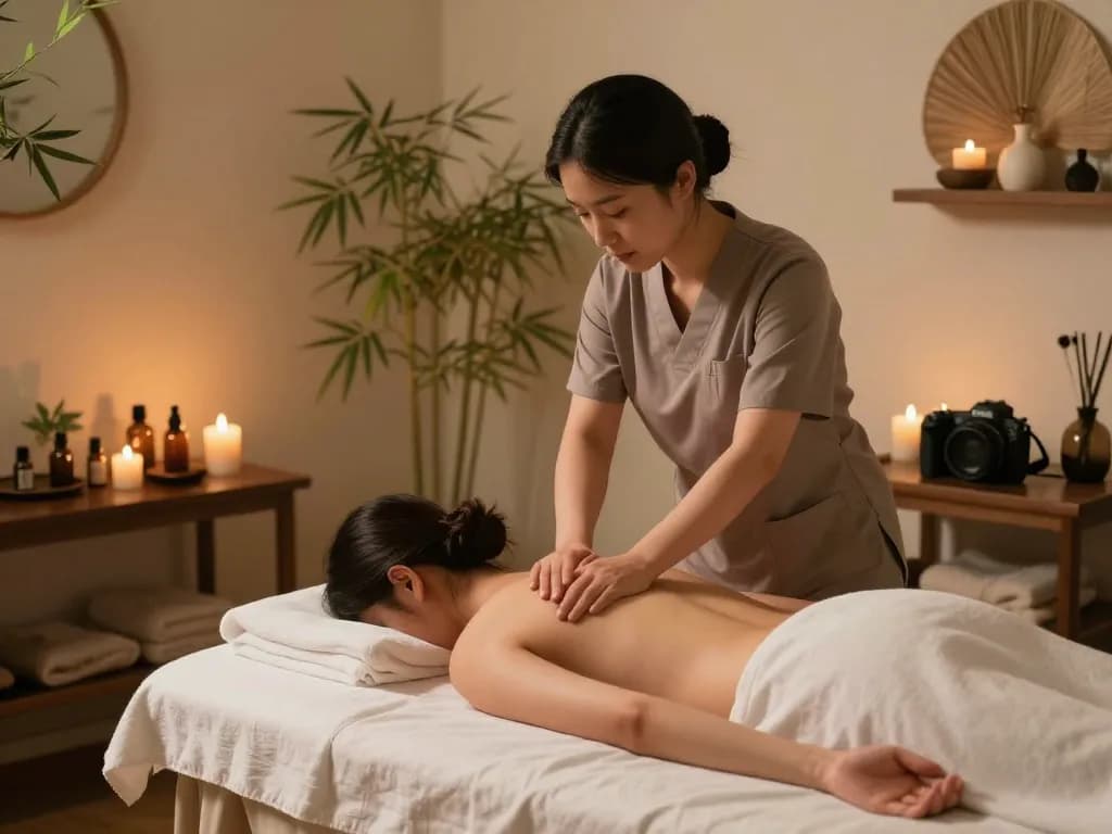 Relaxing 마포스웨디시 massage in tranquil therapy room with calming atmosphere.