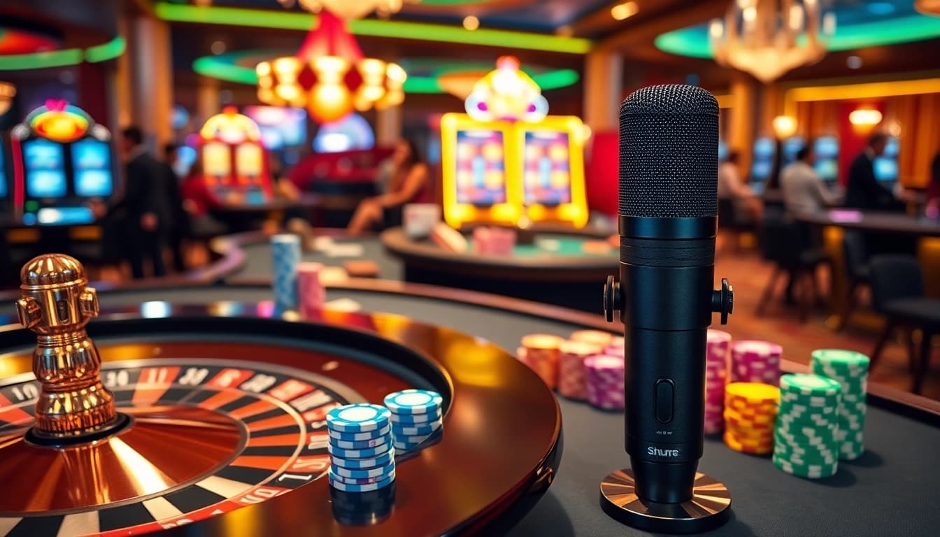 Captivating casino atmosphere with vibrant action, featuring MV88 digital microphone enhancing audio experiences.