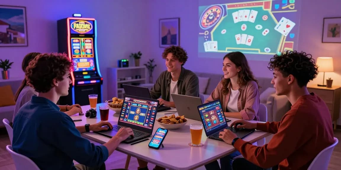 Groupe profitant d'une soirée de jeux de casino en ligne français avec des amis à la maison, avec des ordinateurs portables et des visuels de jeux captivants.