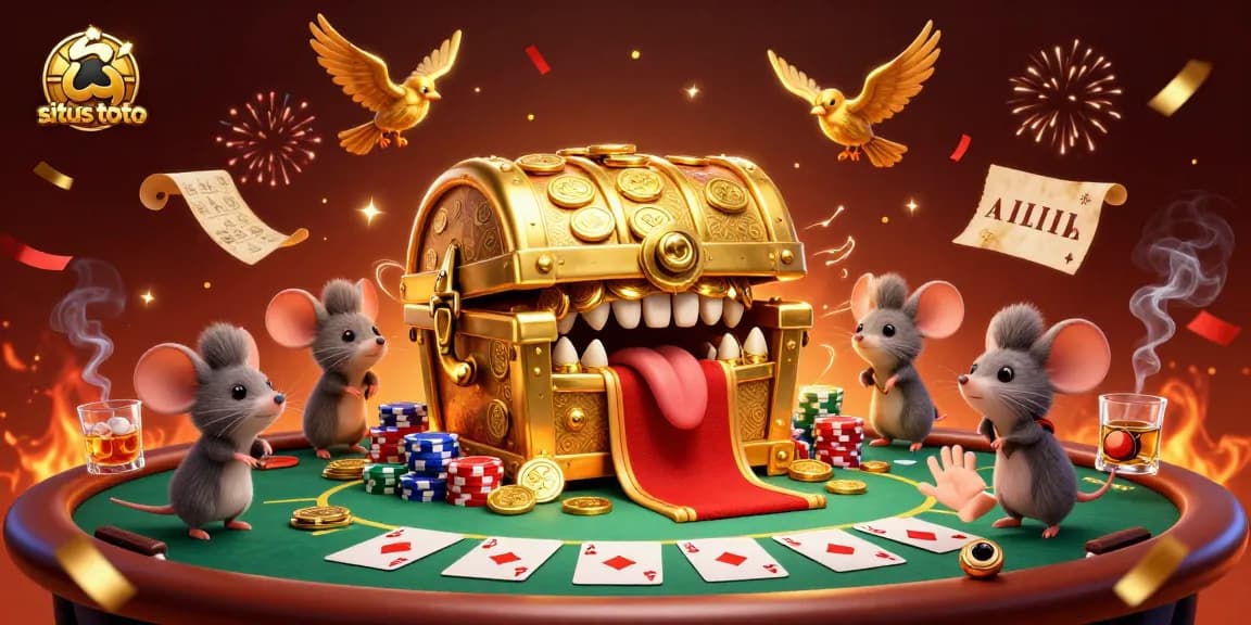 Experience situs toto gameplay with a mouse-themed treasure chest amid vibrant casino elements.
