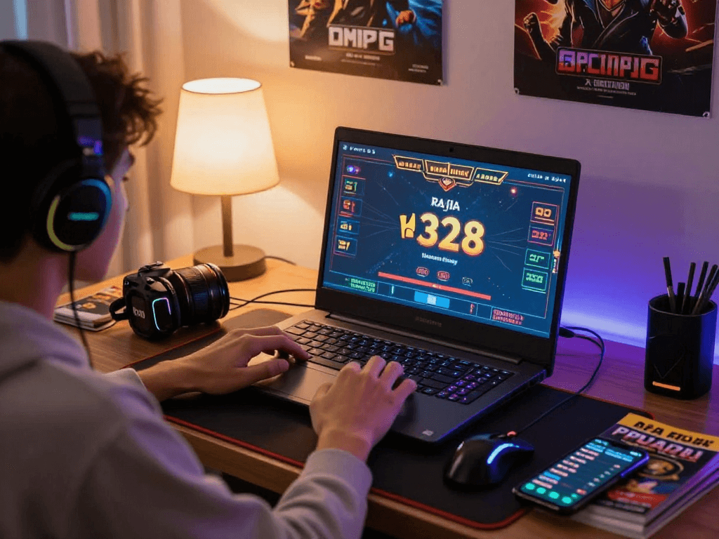 Player immersed in raja 328 online game with vibrant gaming setup and accessories.