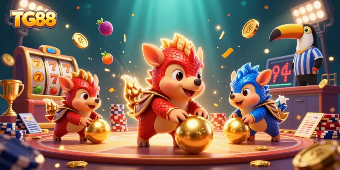 Engage in thrilling gaming excitement with TG88 as rival pangolins clash amidst golden jackpots and vibrant slot reels.