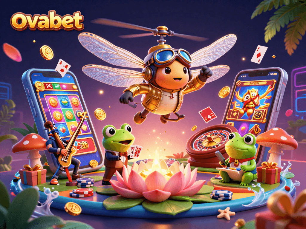 Engage with ovabet's vibrant casino scene featuring a dragonfly pilot, frog dealer, and jazz-playing crickets.