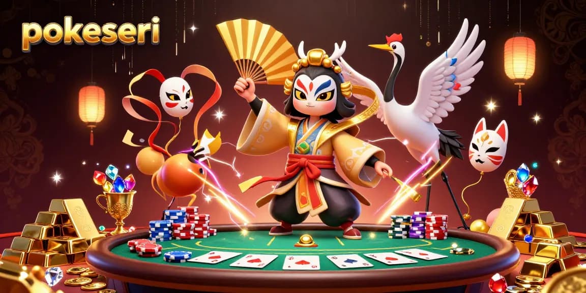 Experience poker thrills with Pokerseri's vibrant and detailed 3D casino scene featuring kabuki warriors and treasures.
