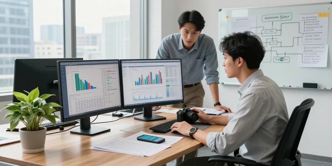 Financial analyst engaged in asset tracing analysis in modern office setup with multiple screens and case documentation.