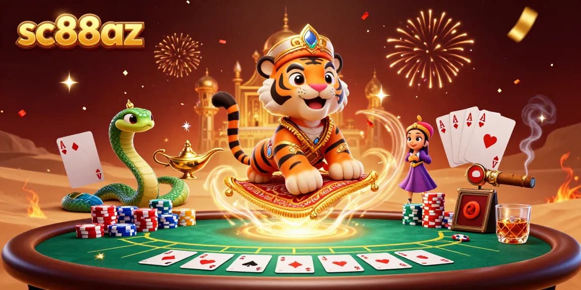 Experience the vibrant world of sc88az with a dynamic casino-themed scene featuring a sultan and magical elements.