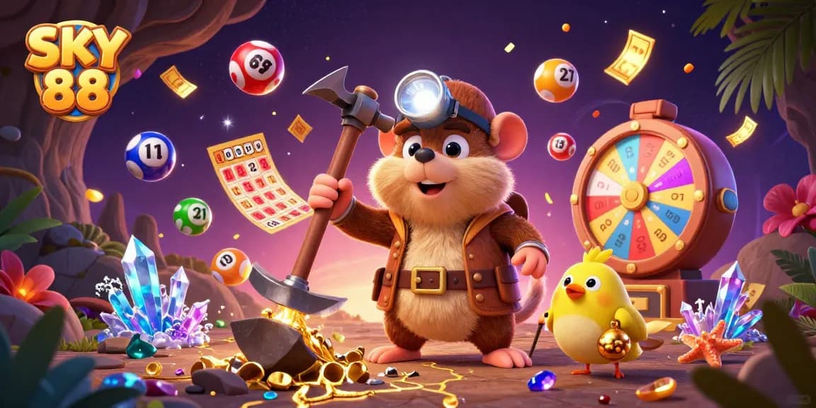 Engage with SKY 88 in a vibrant 3D scene filled with dynamic lottery elements and treasure.