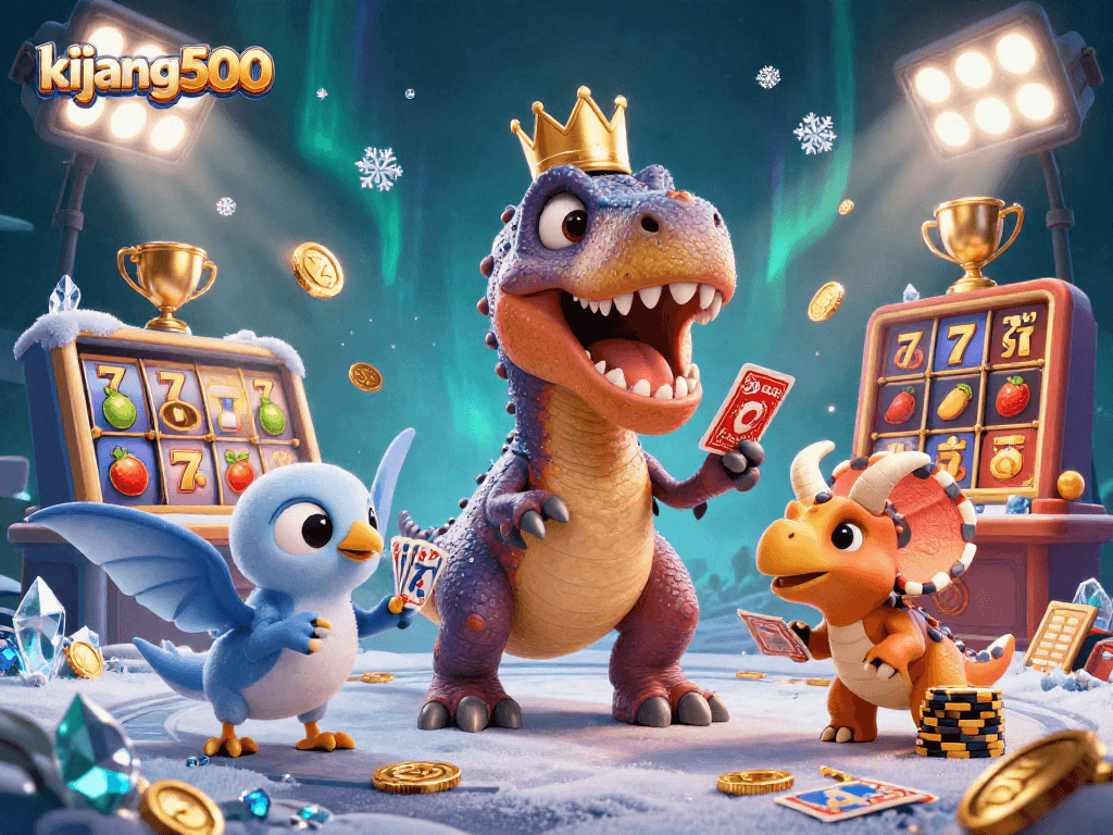 Engage with kijang500 in an exciting 3D casino scene filled with slot themes and vibrant characters.