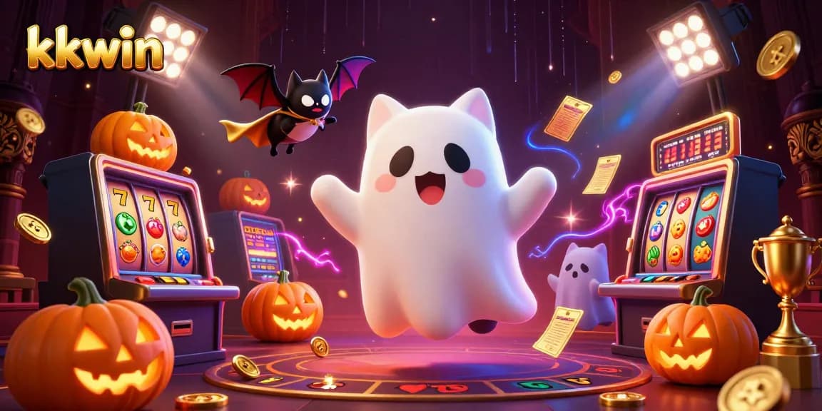 Experience thrilling gameplay at kkwin with our vibrant casino-themed illustration featuring a friendly ghost cat.