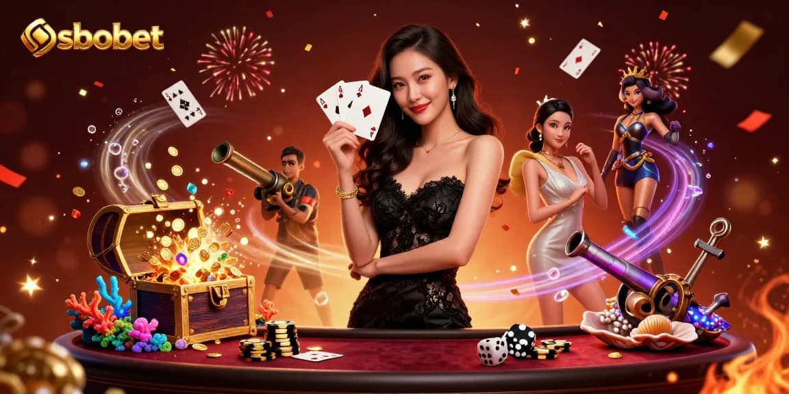 Sparkling sbobet experience showcasing elegant Asian woman with playing cards, vibrant casino elements