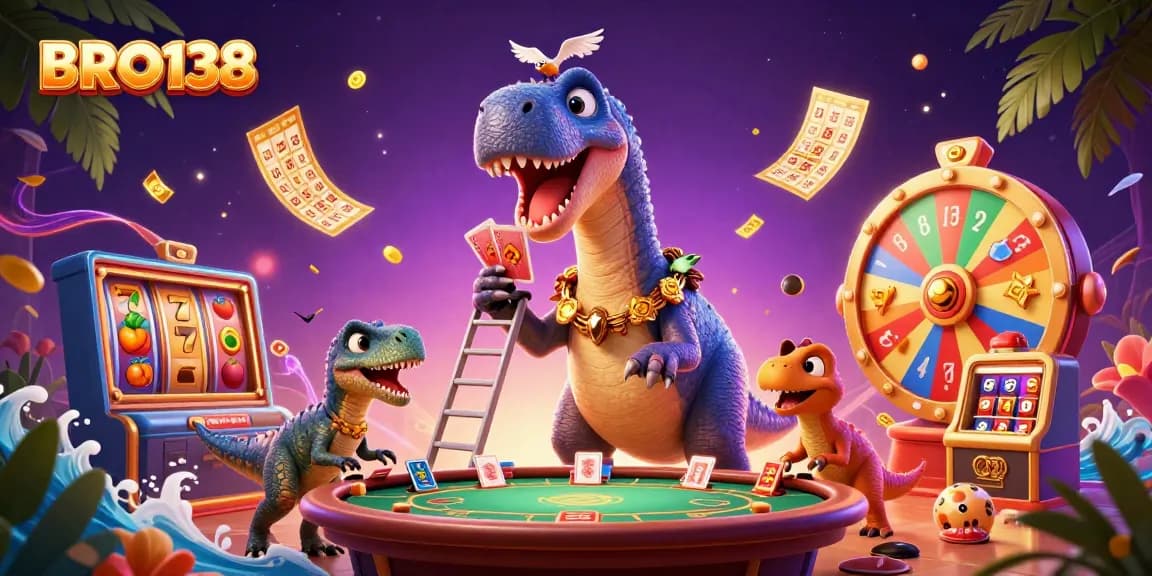 BRO138 gaming fun illustrated with colossal dinosaur and engaging slot game elements, promoting excitement