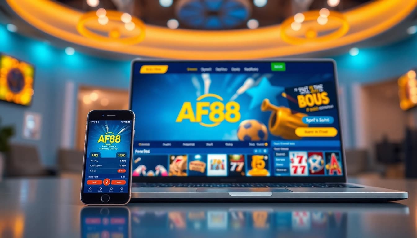 AF88 online gambling platform interface on smartphone and laptop showcasing vibrant gaming options with support features.