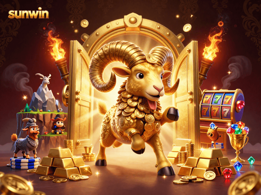 Experience the thrill of sunwin with a vibrant 3D illustration showcasing a golden ram charging through a treasure-laden casino scene.