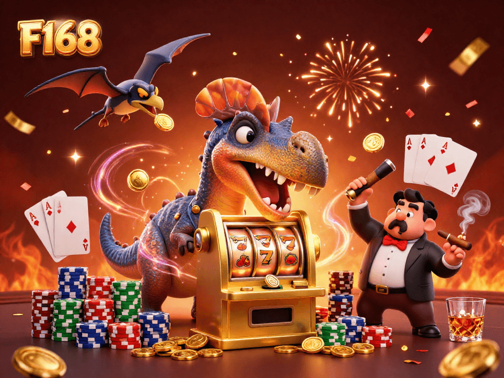 F168 players celebrating a jackpot win with slot machines and characters in a vibrant casino scene.