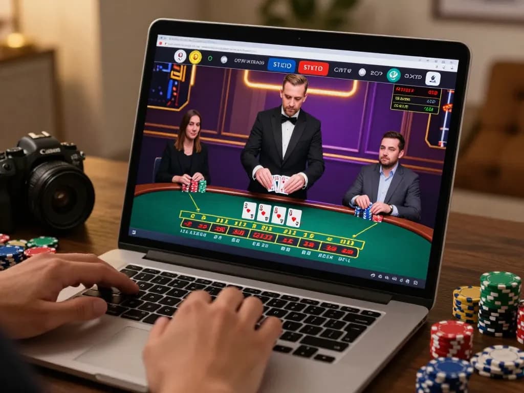 Engaged players at their laptops enjoying live baccarat on tr88it casino platform.
