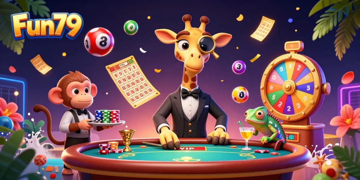 Experience the excitement of Fun79 with vibrant lottery balls and a lively casino scene.