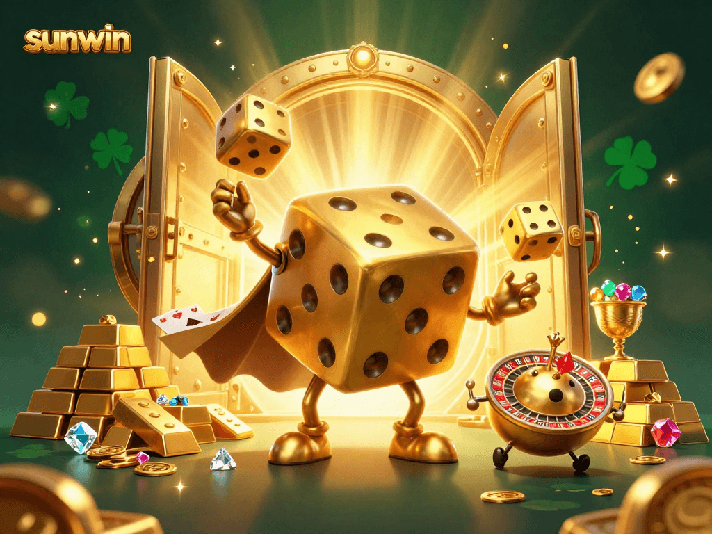 Join the fun with sunwin's golden dice golem and friends in a vibrant casino world!