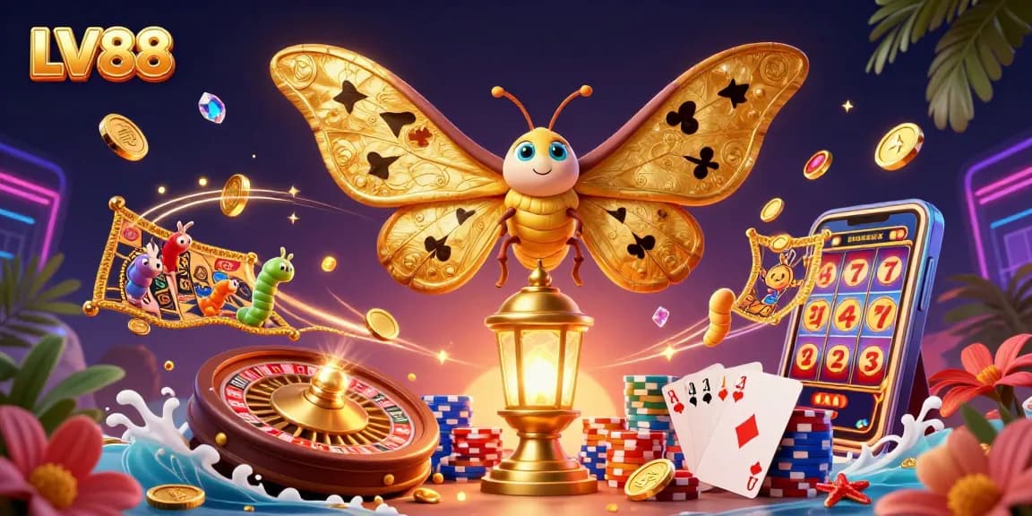Experience the excitement of LV88 casino games with this vibrant 3D illustration featuring slots and roulette.
