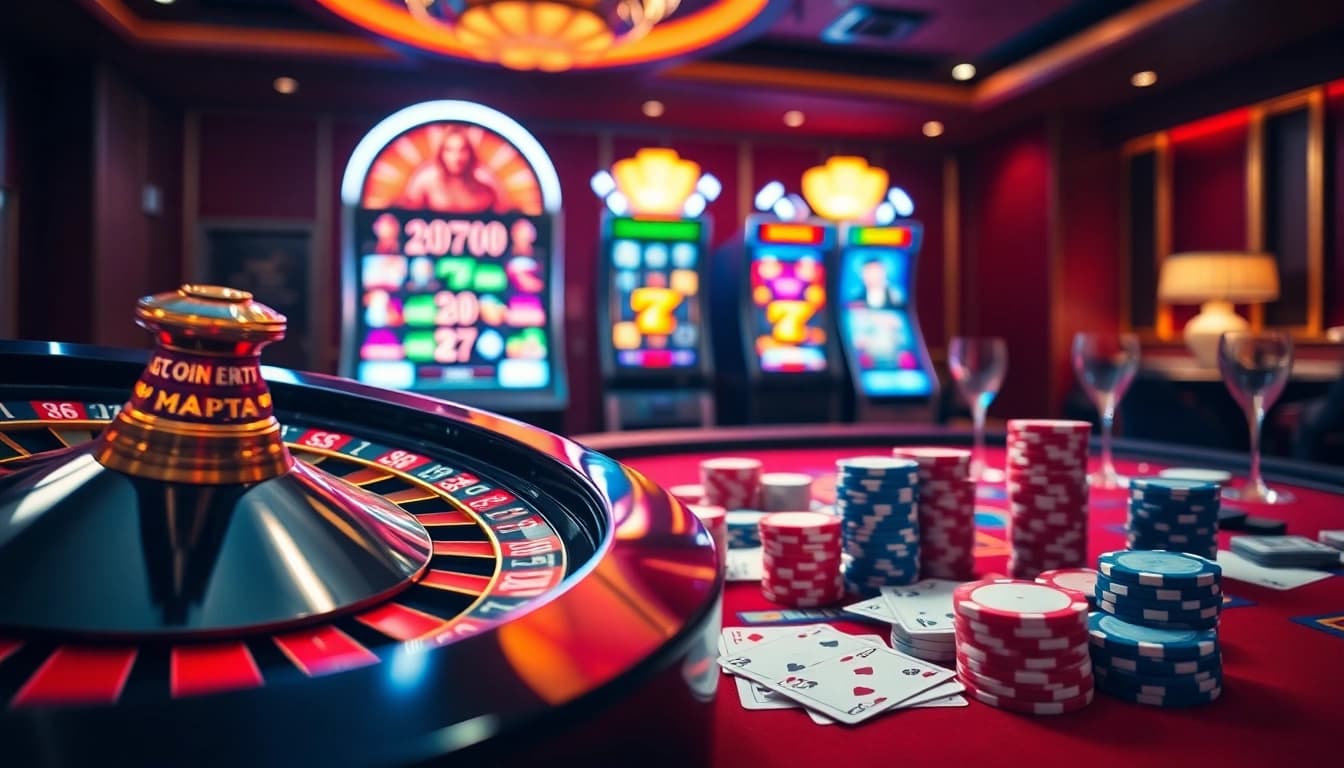 Experience the thrill of gaming at OK88 with poker chips and a roulette wheel in a vibrant casino.