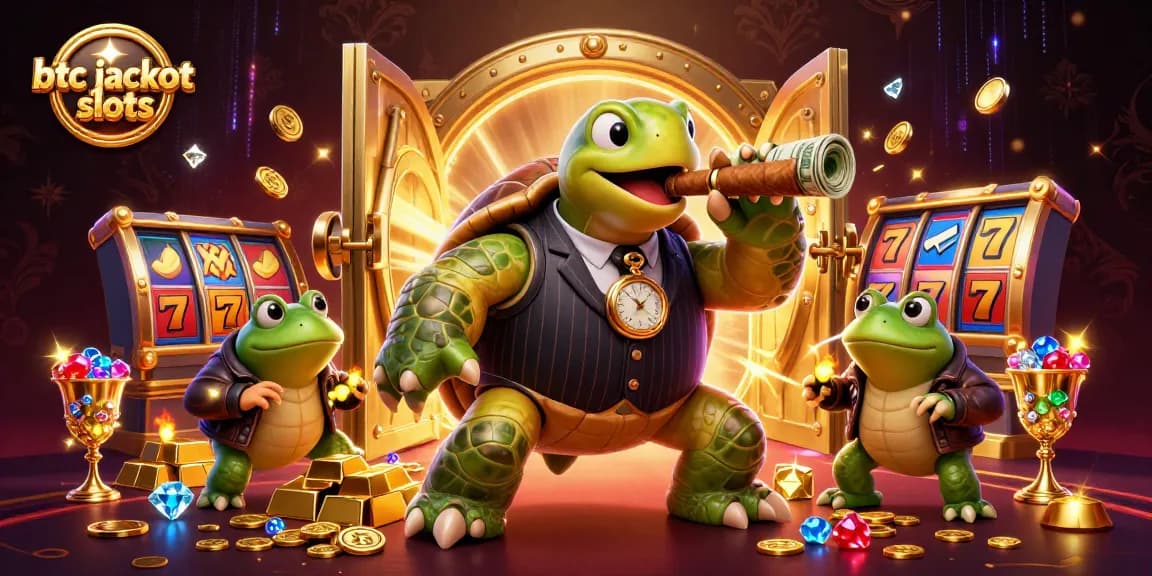 Experience the thrill of btc jackpot slots with a turtle mobster surrounded by treasures and vibrant slots.