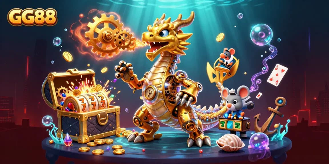Experience GG88's captivating slots in a vibrant 3D casino scene with dazzling treasures and effects.