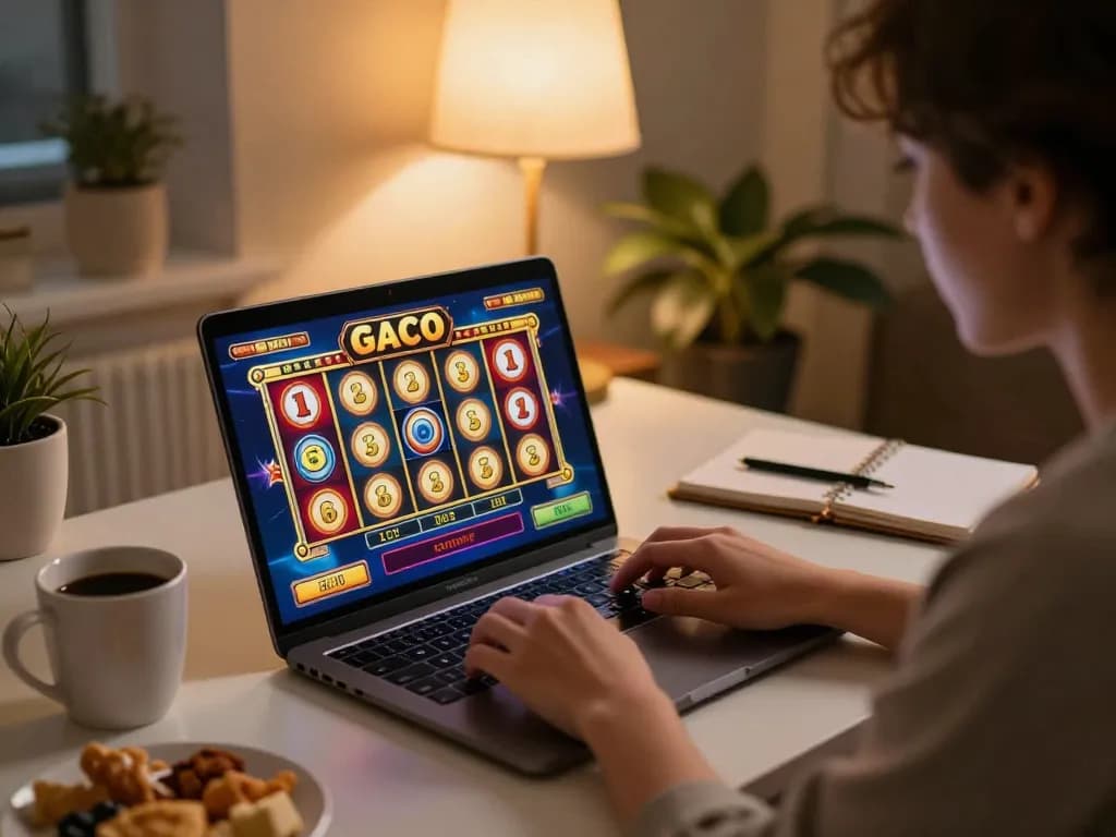 Engaging player spinning the reels on slot gaco while enjoying a cozy home setup.
