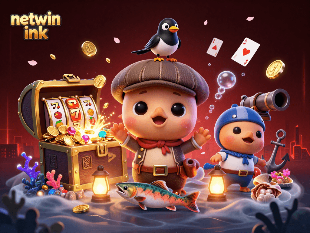 Experience the thrill of netwin ink with a vibrant cartoon illustration featuring lucky symbols and playful characters.