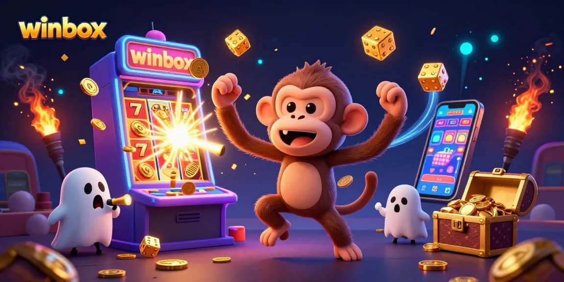 Experience the thrilling winbox casino action with playful monkey juggling golden objects amidst vibrant gaming elements.