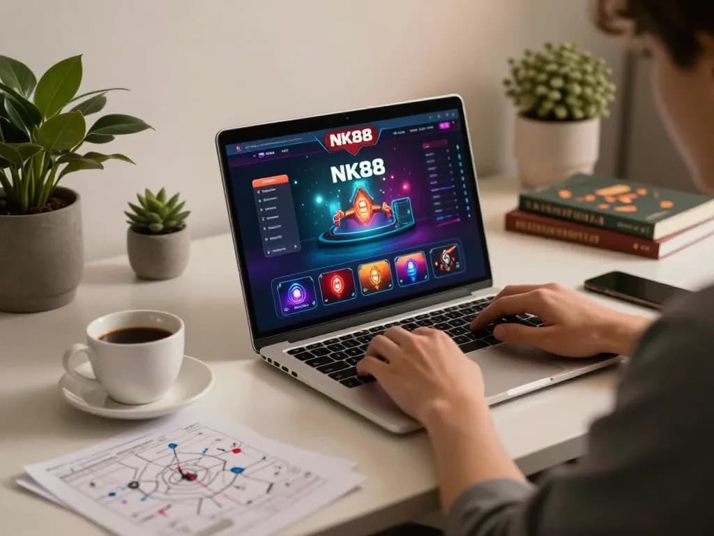 Player engaged with NK88 online casino on laptop, showcasing vibrant game interface and cozy setup.