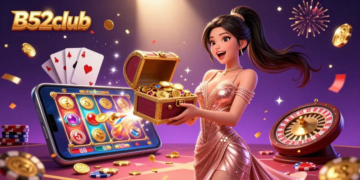 B52club showcases a stunning Asian woman revealing treasures in a vibrant online gaming illustration.