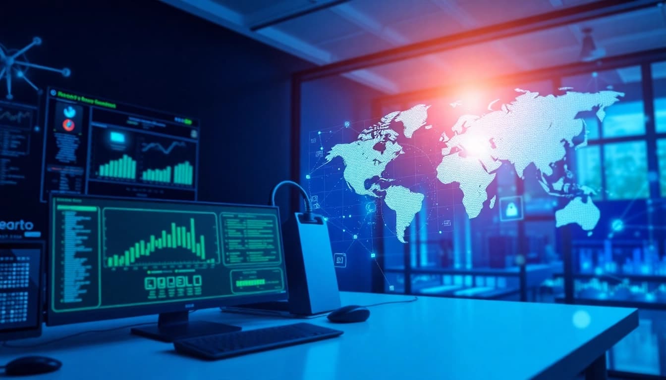 快连下载 - Visual representation of global network connectivity with advanced tech at a modern workspace.
