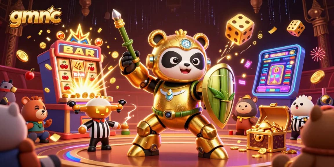 Engage in thrilling gameplay with gmnc as a golden panda pilots a robot in a vibrant casino scene.