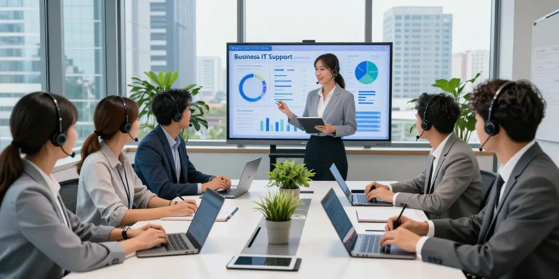 Team of IT professionals discussing business IT support services in a modern office environment, showcasing collaboration.