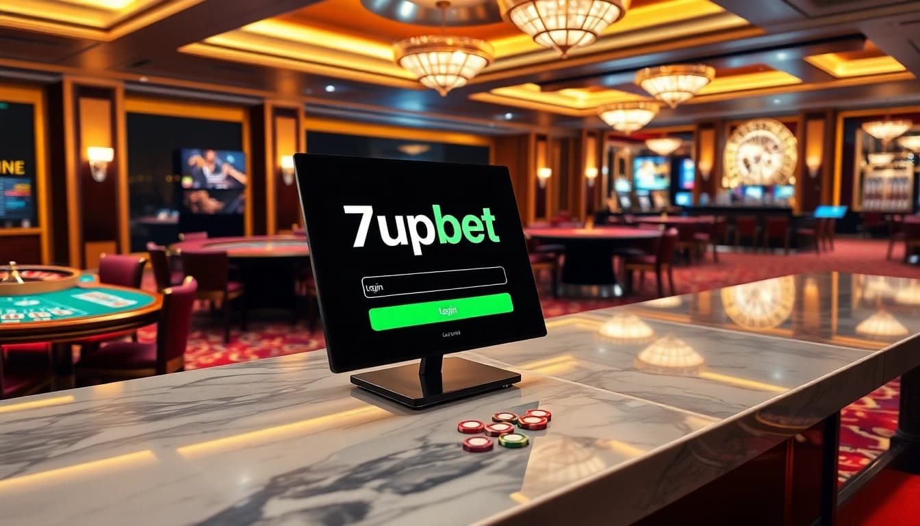 Seamlessly access 7upbet login amidst a vibrant casino atmosphere featuring tables and chips.
