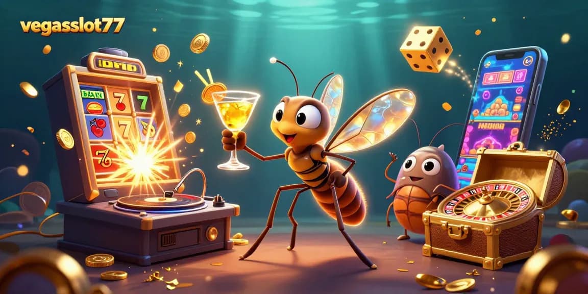 Experience the excitement of vegasslot77 with a vibrant casino scene showcasing characters and games!