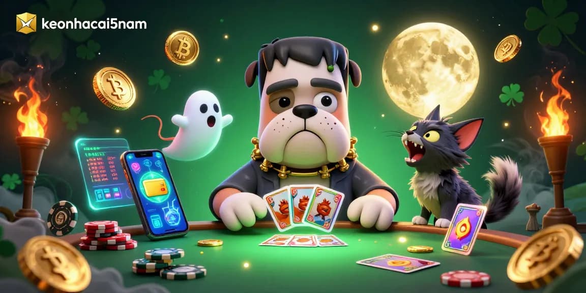 Engage with keonhacai5nam featuring a Frankenstein bulldog dealing cards amidst cryptocurrency elements for an electrifying casino scene.