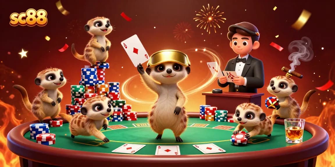 Meerkats operating a lively casino scene at SC88, showcasing poker action and vibrant celebrations.