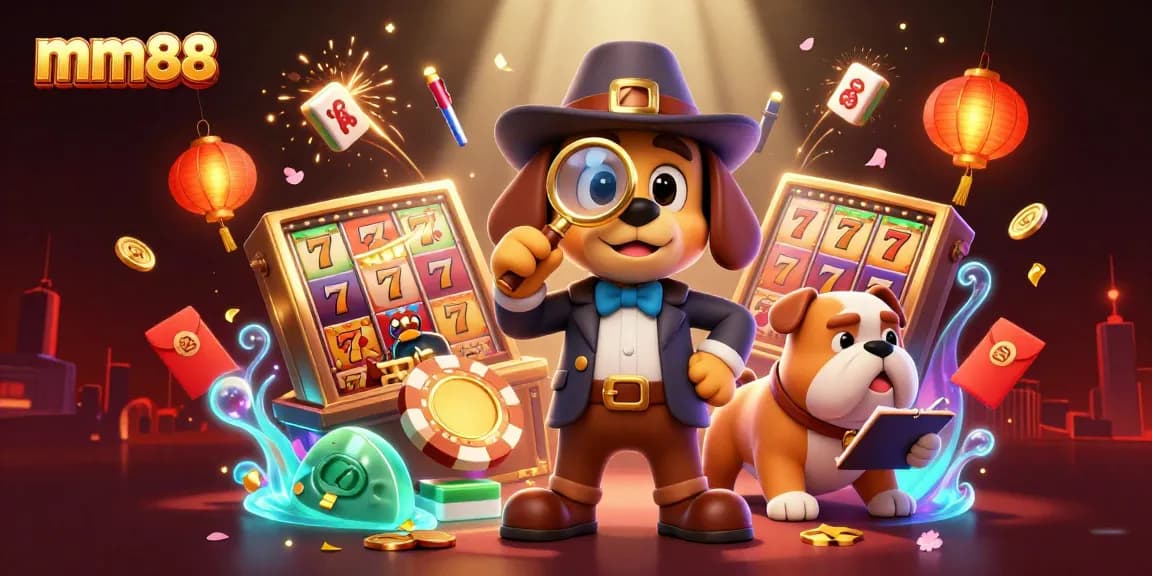 Experience mm88 thrills with a detective and bulldog in a vibrant gambling adventure.