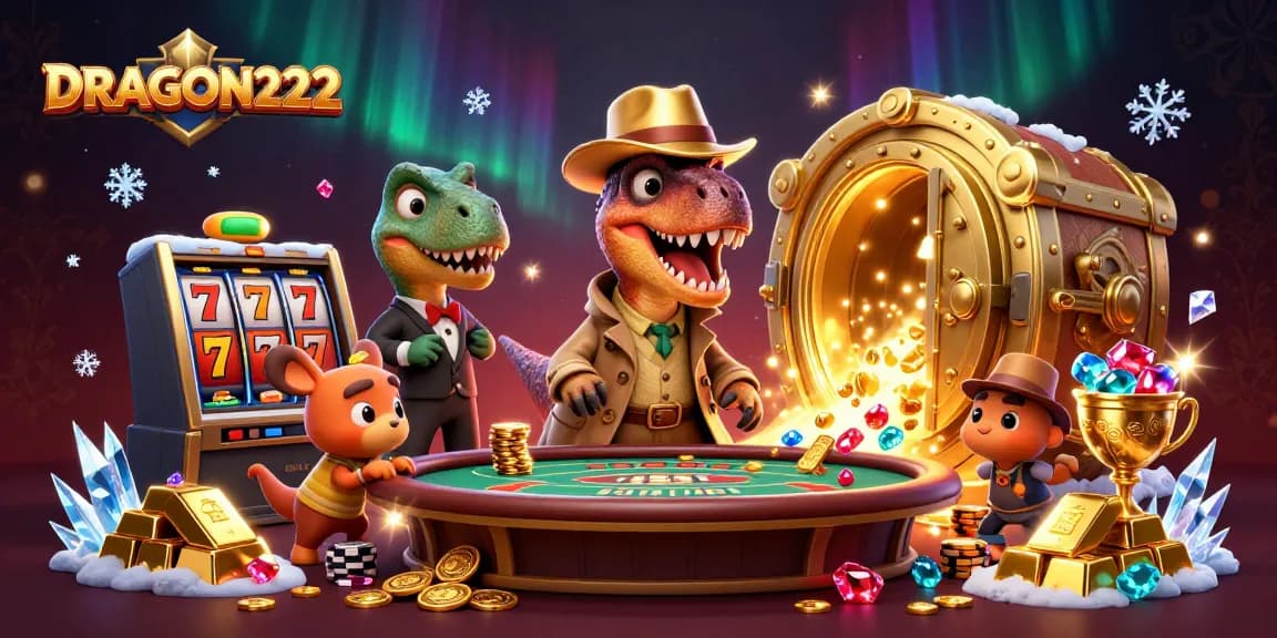 Experience the thrill of gaming at DRAGON222 with a vibrant casino scene featuring animated dinosaurs.