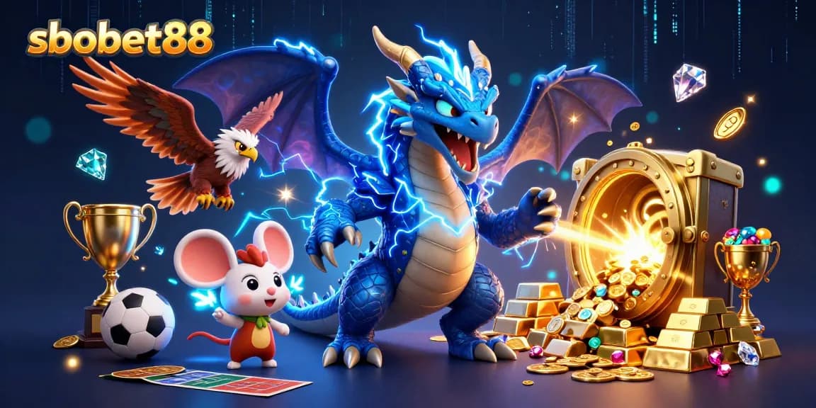 Exciting sbobet88 sports betting scene with a dynamic dragon and creatures, showcasing thrilling gameplay.