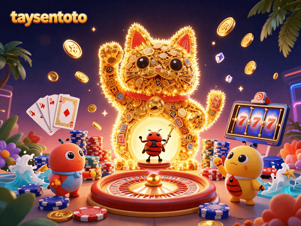 Taysentoto captures the thrill of gaming with a dynamic lucky cat and vibrant casino elements.