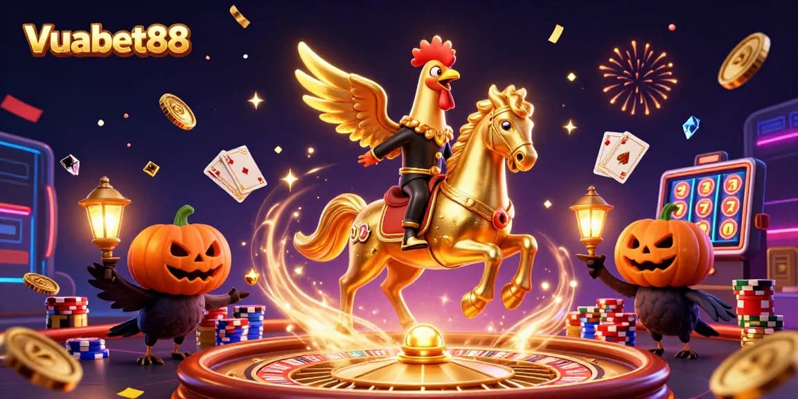 Win big with Vuabet88 as a golden rooster leads a vibrant casino adventure filled with treasures.