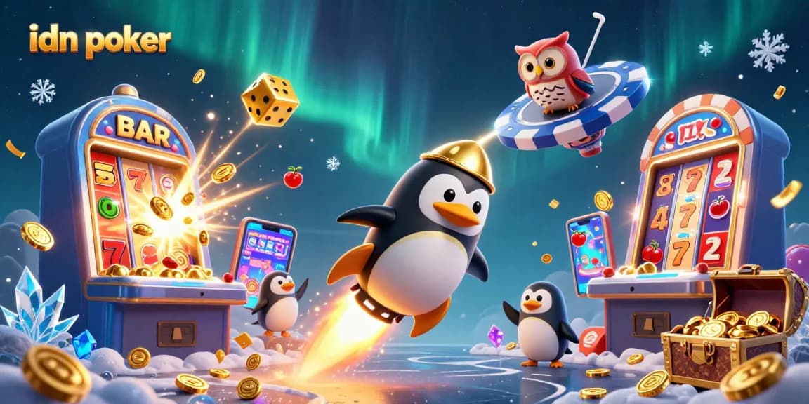 Experience IDN Poker excitement with a golden penguin and dynamic casino elements in a vibrant 3D scene.